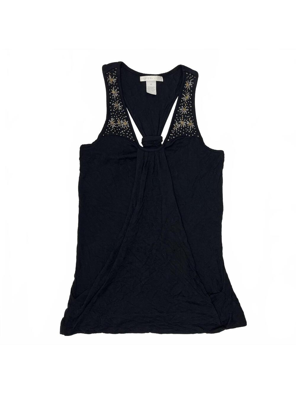 Y2K Design History Black Draped Sleeveless Tunic With Gold Beaded Shoulders Sz M
